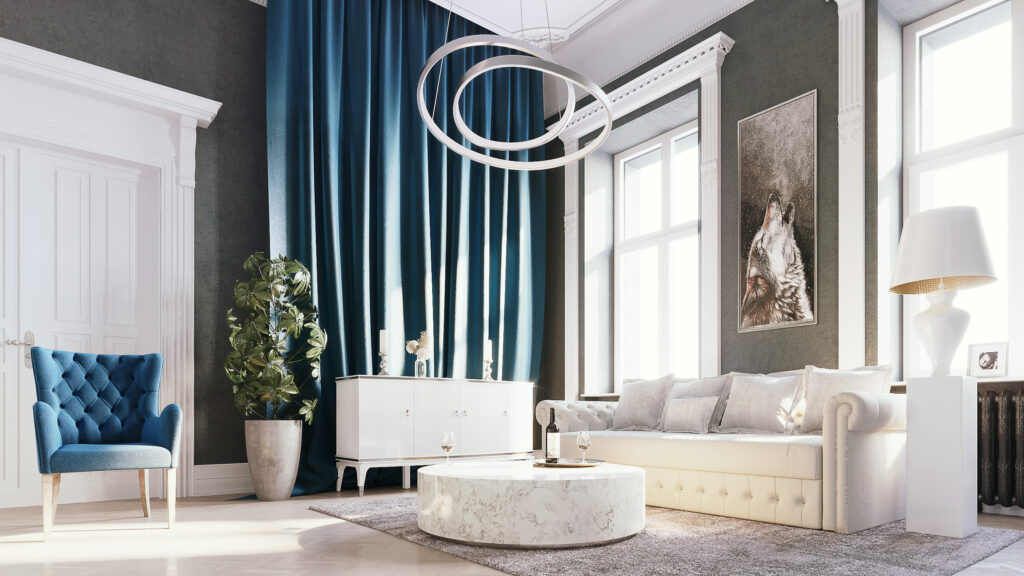 Wizualizacja 3D salonu w pałacu w Trzebieradzu — klasyczne sztukaterie i aksamitne zasłony